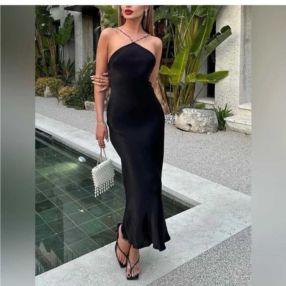 Commense Black Satin Slip Maxi Dress with Chain Straps - Picture 1 of 14
